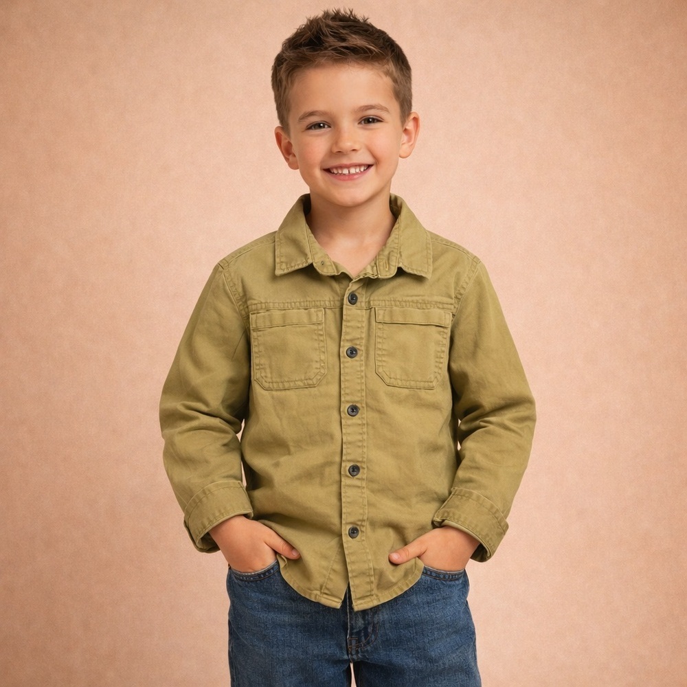 Old Navy Toddler Boys Utility Button Shirt Size 3T Olive Green Yellow